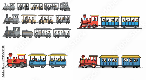 Colorful toy trains with passenger cars