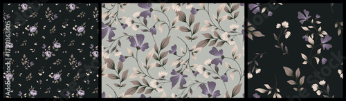 Seamless floral pattern, vintage ditsy print of hand drawn winter wild plants in dark colors. Elegant abstract botanical design of large buds, small flowers, thin twigs, leaves. Vector illustration.