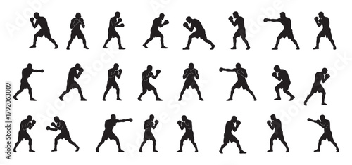 Collection of black silhouette male boxers in various poses isolated on white background, graphic illustration. concept of sport, martial arts, training, athletic figure, exercise, icon set