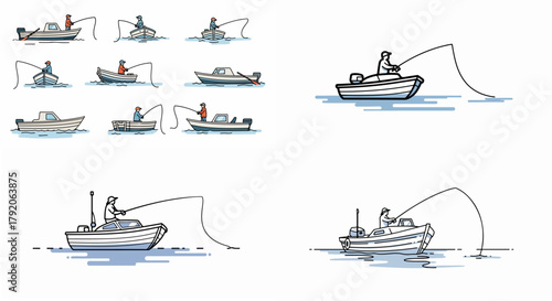 Fishing boats on water outline style