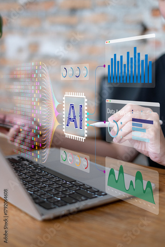 Obraz na płótnie Person using laptop ai artificial intelligence in big data information graph analysis database algorithm innovation software statistic complexity research visualization model prediction technology