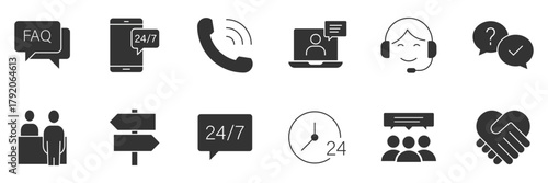 Customer service solid icon set. Support solid gray icons. Support, online help, assistance, 24 hrs, operator, question, info, communication, FAQ, information and more icons.