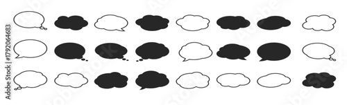 Bubble with clouds silhouettes and thin line set. Speech symbol talk and thinking.