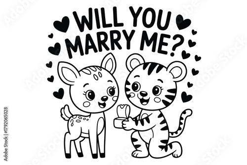 Will you marry me: A heartwarming image of a tiger proposing to a deer, accompanied by hearts and the words Will you marry me? capturing a moment of sweet affection and a question of commitment.