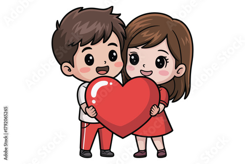Embracing Love: a cartoon couple holds a red heart, symbolizing their connection and affection.
