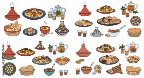 Moroccan cuisine assortment with traditional tea