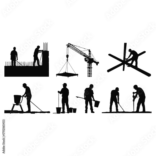 Black silhouette illustrations of construction workers and equipment on white background crane building