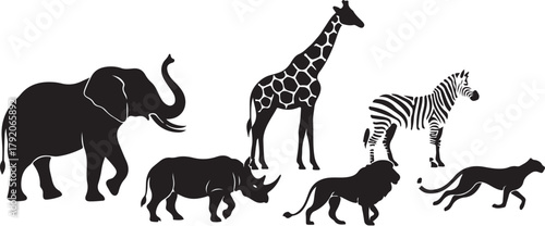 vector silhouette of African safari animals — elephant, giraffe, rhino, zebra, lion, white background.