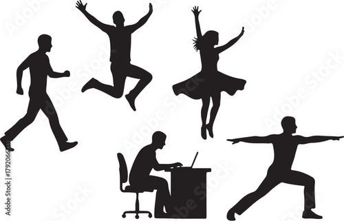 vector silhouette of people in motion — walking, jumping, dancing, working, exercising, white background