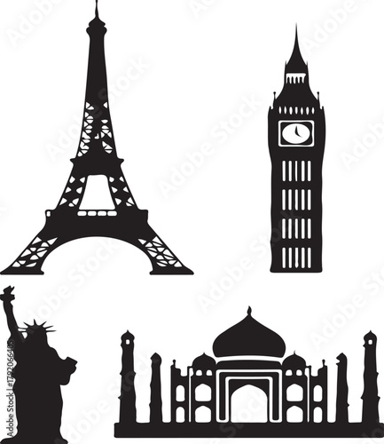 vector silhouette of world landmarks — Eiffel Tower, Big Ben, Statue of Liberty, Taj Mahal, white background