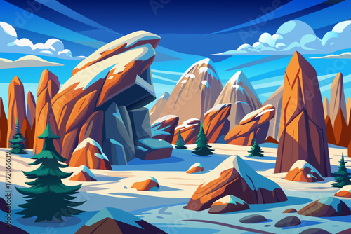 Massive granite rocks surrounded by snow-covered ground under clear blue winter sky