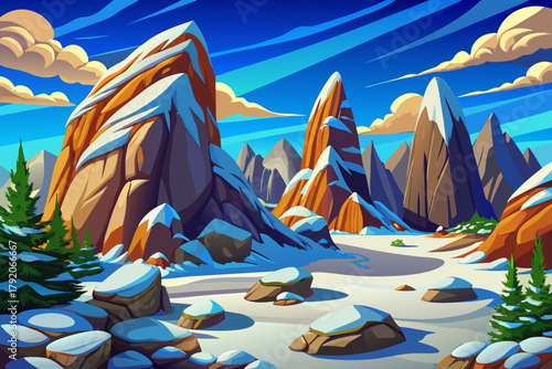 Massive granite rocks surrounded by snow-covered ground under clear blue winter sky