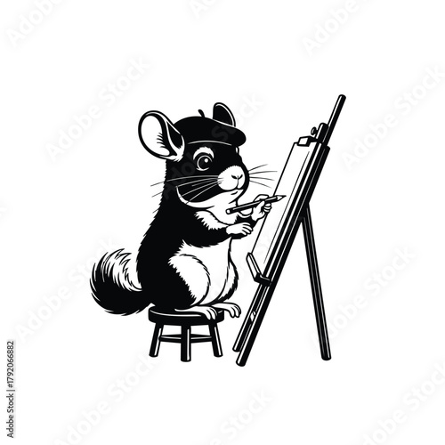 Chinchilla Silhouette Cartoon Artist Drawing on Easel with White Background Character Vector Illustration