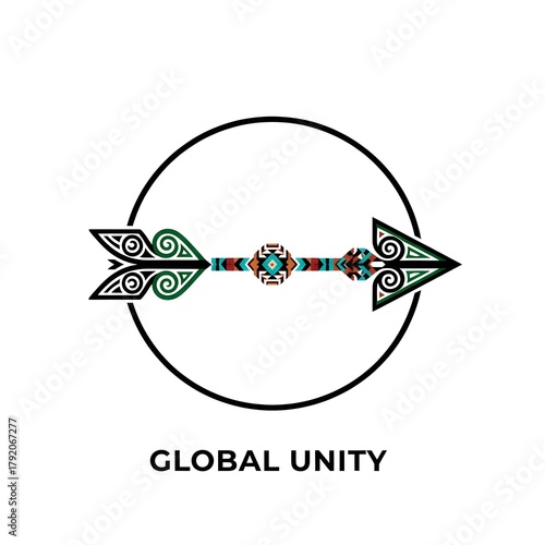 Ornate arrow passing through a circle symbolizing global unity and connection isolated on transparent background
