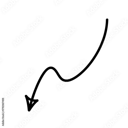 Hand drawn curved arrow pointing down and to the left isolated on transparent background