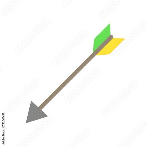 A single arrow with green and yellow fletching pointing diagonally downwards isolated on transparent background