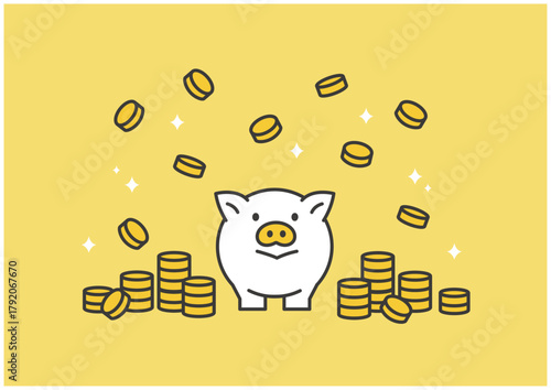貯金箱とコインが並ぶ黄色背景のマネーイメージ（貯蓄・節約・金運アップを表すイラスト）