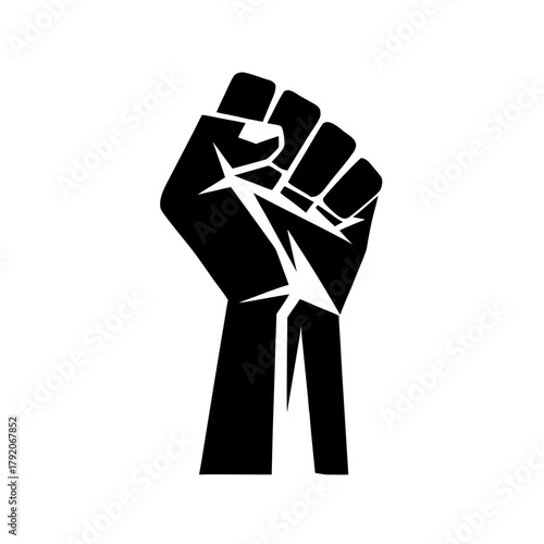 Vector icon of a black silhouette of a hand with a raised fist, isolated on a transparent background, symbol of protest, fight for rights.