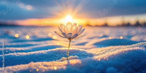A rare glowing ice flower blooms in a snowy landscape under the soft light of dawn