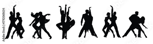 Couple of ballroom dancers set. Woman and man dancing. Vector silhouettes of dancers. Isolated illustration.