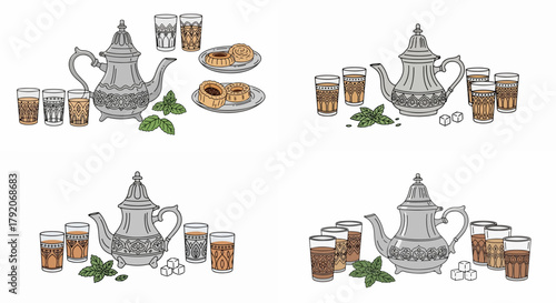 Moroccan mint tea set with pastries and sugar cubes