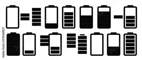 Device charging icons set. Small, medium and large charge levels. Icon for phone, laptop, app and presentation