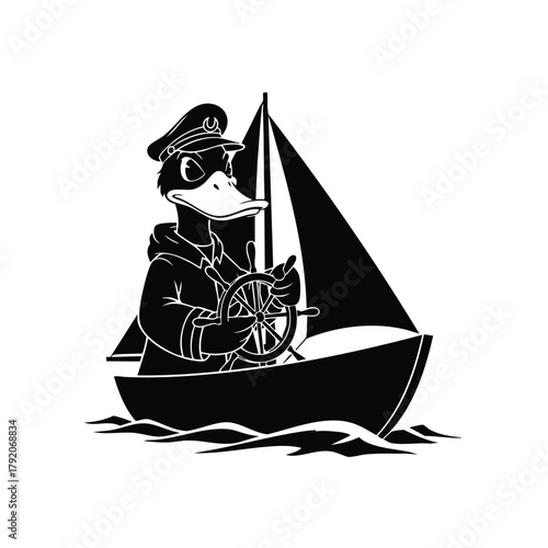 Duck Captain Silhouette on White Background at Helm of Sailboat Navigating Ocean Waters on Sunny Day