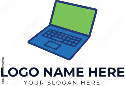 Laptop logo vector with green screen and blue body for tech branding, IT services, or digital business identity