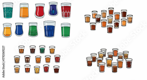 Colorful glasses with various liquids and patterns