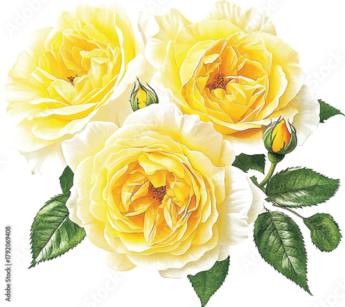 summer flowers, yellow roses with buds and leaves on an isolated white background, watercolor illustration vector botanical painting