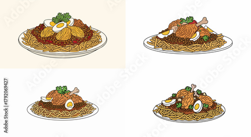 Plate of fries, chicken, egg, and beans