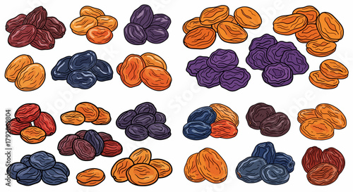 Dried apricots and plums assortment in piles