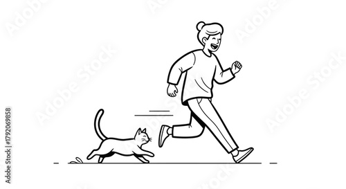 Girl Running and Playing with Cat Line Art Vector