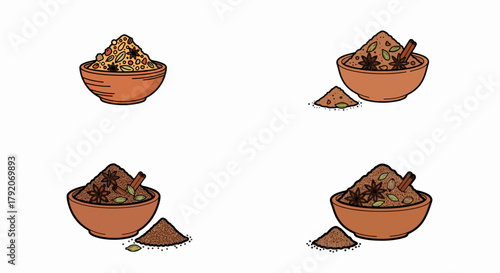 Spice bowls with scattered seasoning for culinary use