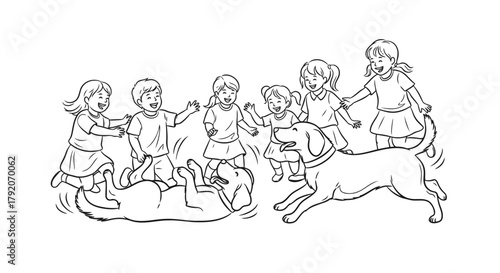 Happy Kids and Dog Playing Together Outline Illustration