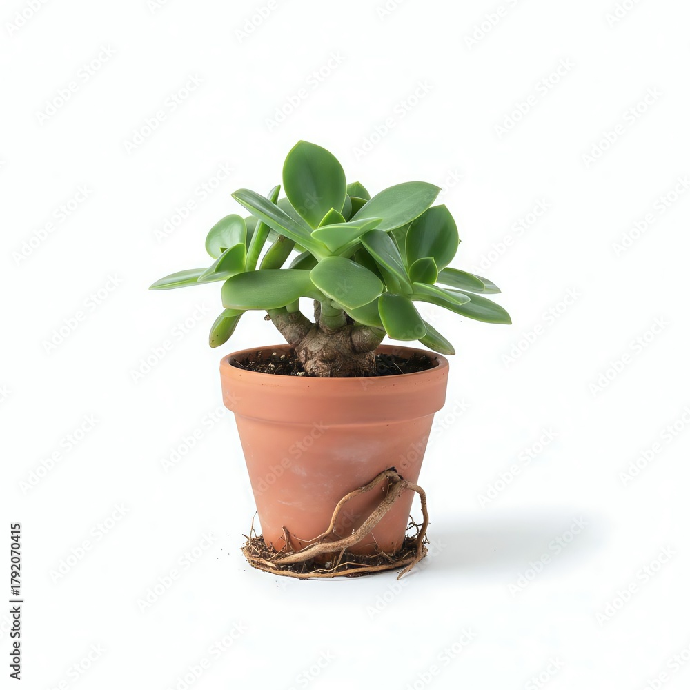 Fototapeta premium Small Isolated Crassula Succulent Plant in Terracotta Pot with Visible Roots, White Background