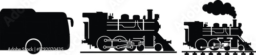 Transportation illustrations featuring bus and classic steam trains in bold black