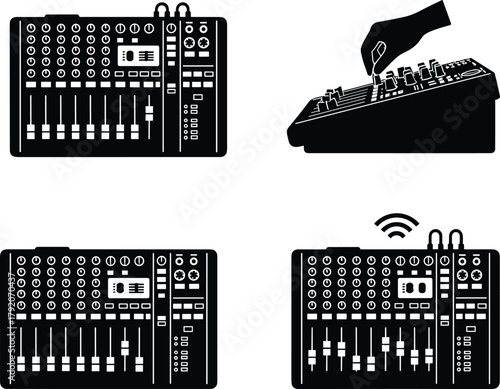 Audio mixing console vector set with hand interaction and wireless signal, black silhouette illustrations on white background, ideal for music, sound, and tech themes