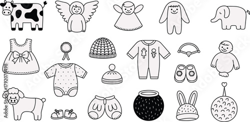 Baby clothing and toy icon set with onesies, hats, shoes, plush animals, accessories, and containers for infant fashion, nursery, and children’s product design
