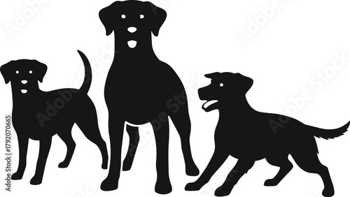 Black dog silhouettes in playful, standing, and alert poses, isolated on white background, animal vector illustration for pet, behavior, and design themes
