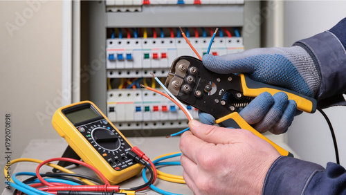 Photos electrician working in electrical panel