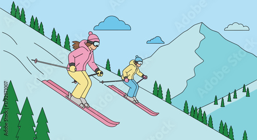 People skiing downhill in the winter snow enjoying a fun outdoor adventure