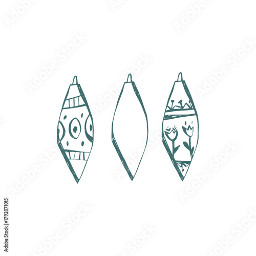 Hand drawn christmas ornament set with long vintage shapes in teal lines for holiday decor cards gift wrap and festive projects