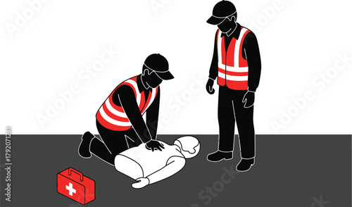 First responders performing CPR on a patient with medical aid kit nearby