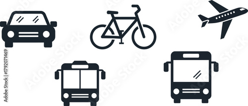 Collection of black silhouette icons representing various modes of transportation including car, bicycle, airplane, and buses on a white background, perfect for graphic design.