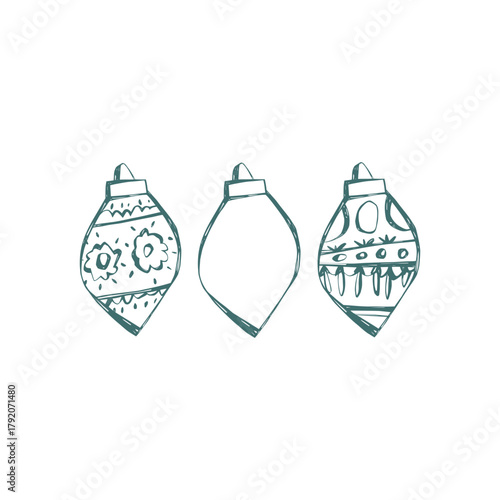 Hand drawn christmas ornament set with round vintage shapes in teal lines for holiday decor cards gift wrap and seasonal projects