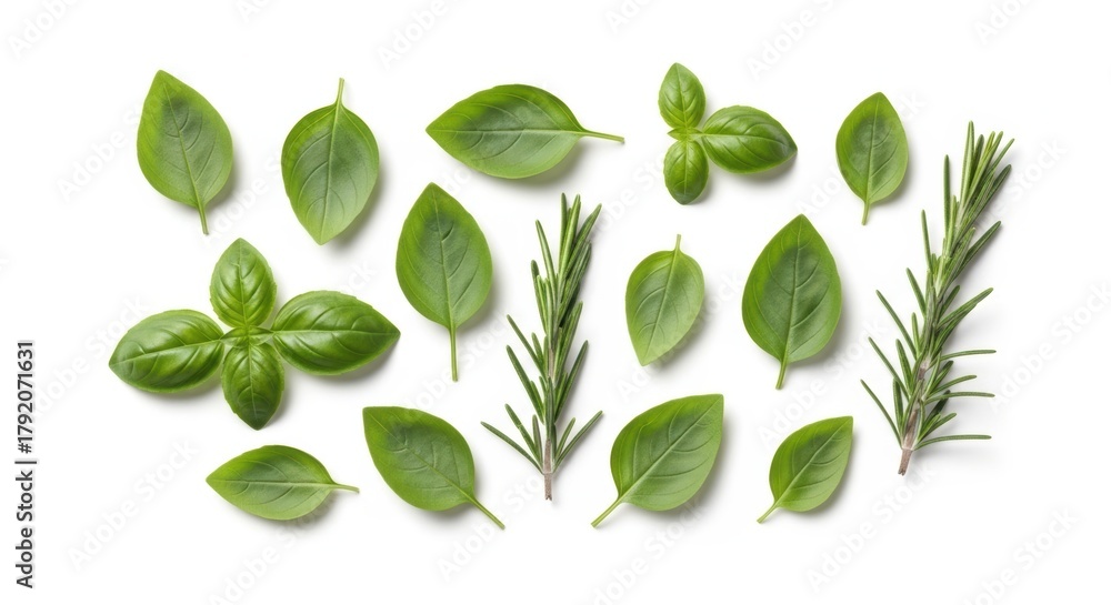 Naklejka premium Fresh Basil Leaves and Rosemary Sprigs on White Background, Herb, Herbs, Green