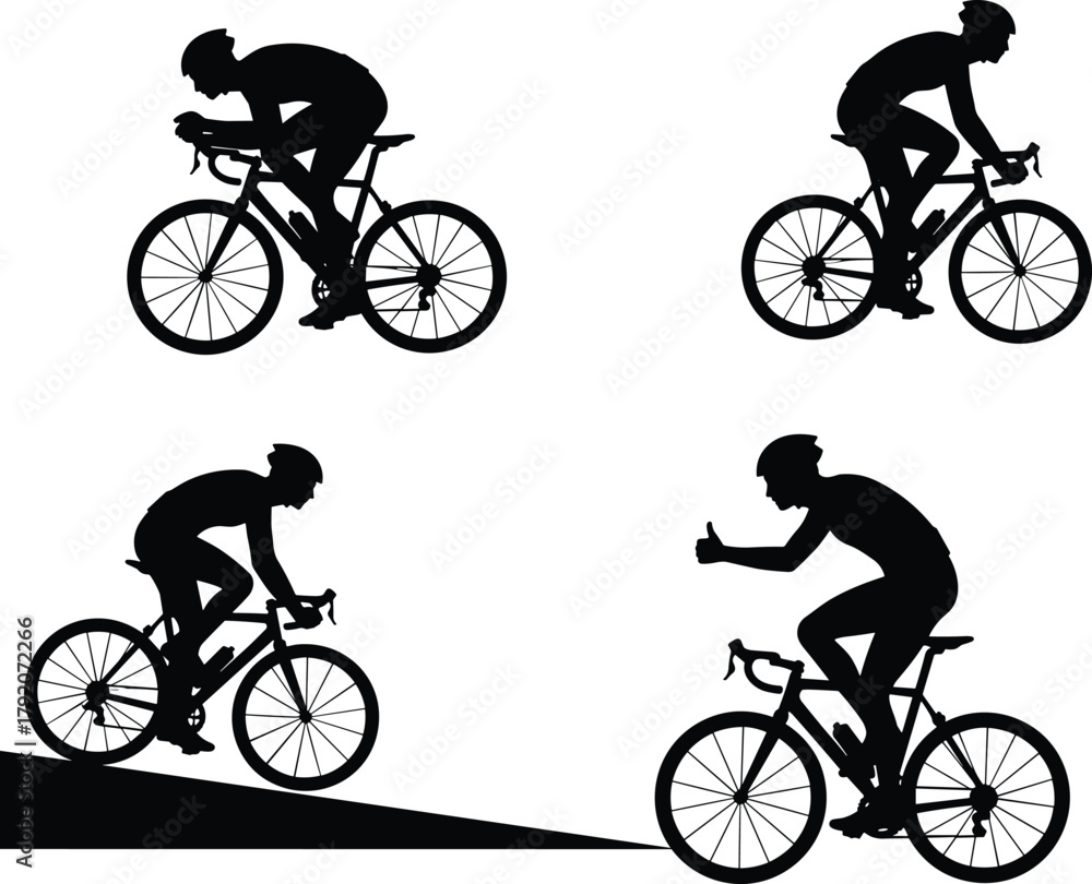 Obraz premium Cyclist silhouettes in racing, casual, uphill, and thumbs-up poses, black vector illustration on white background, ideal for sport, fitness, and design themes