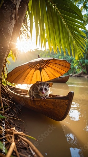 Wallpaper Mural Nocturnal adventurer: A wide eyed loris explores a jungle river by canoe with a parasol Torontodigital.ca