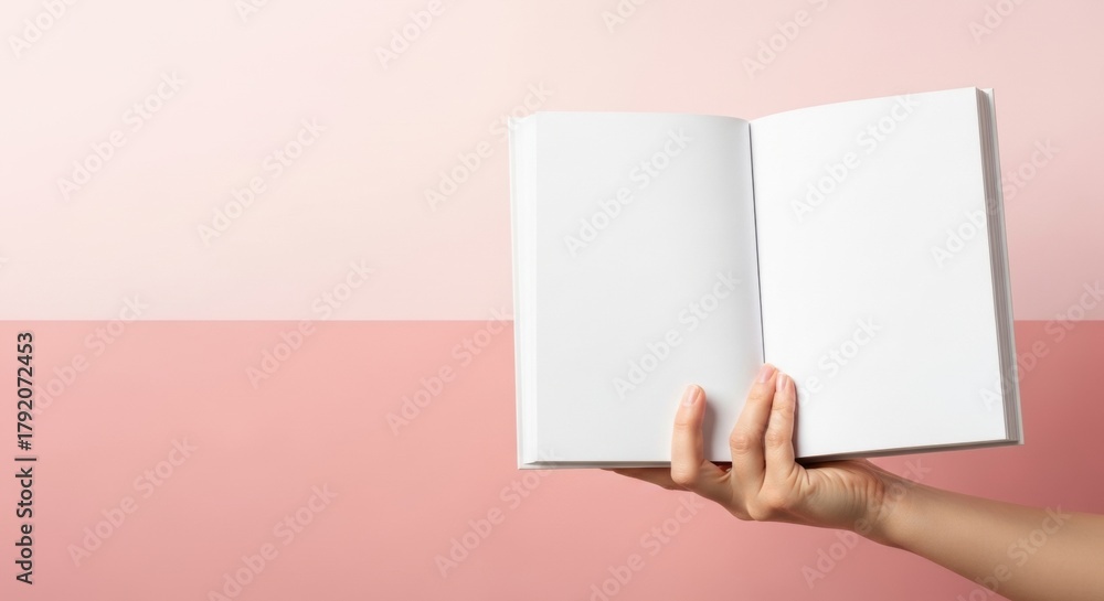 Obraz premium Hand Holding Open Blank Book on Pink Background, White, Pages, Reading